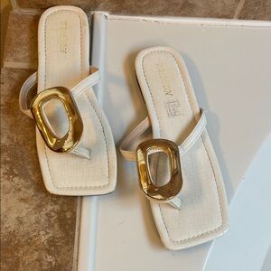 White Square-Toe Slide Sandals with Gold Accent